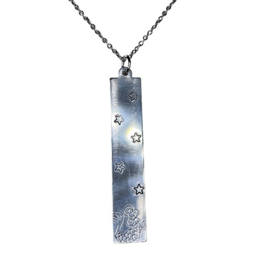 Handmade stamped mermaid & stars silver 20 inch stainless steel chain necklace